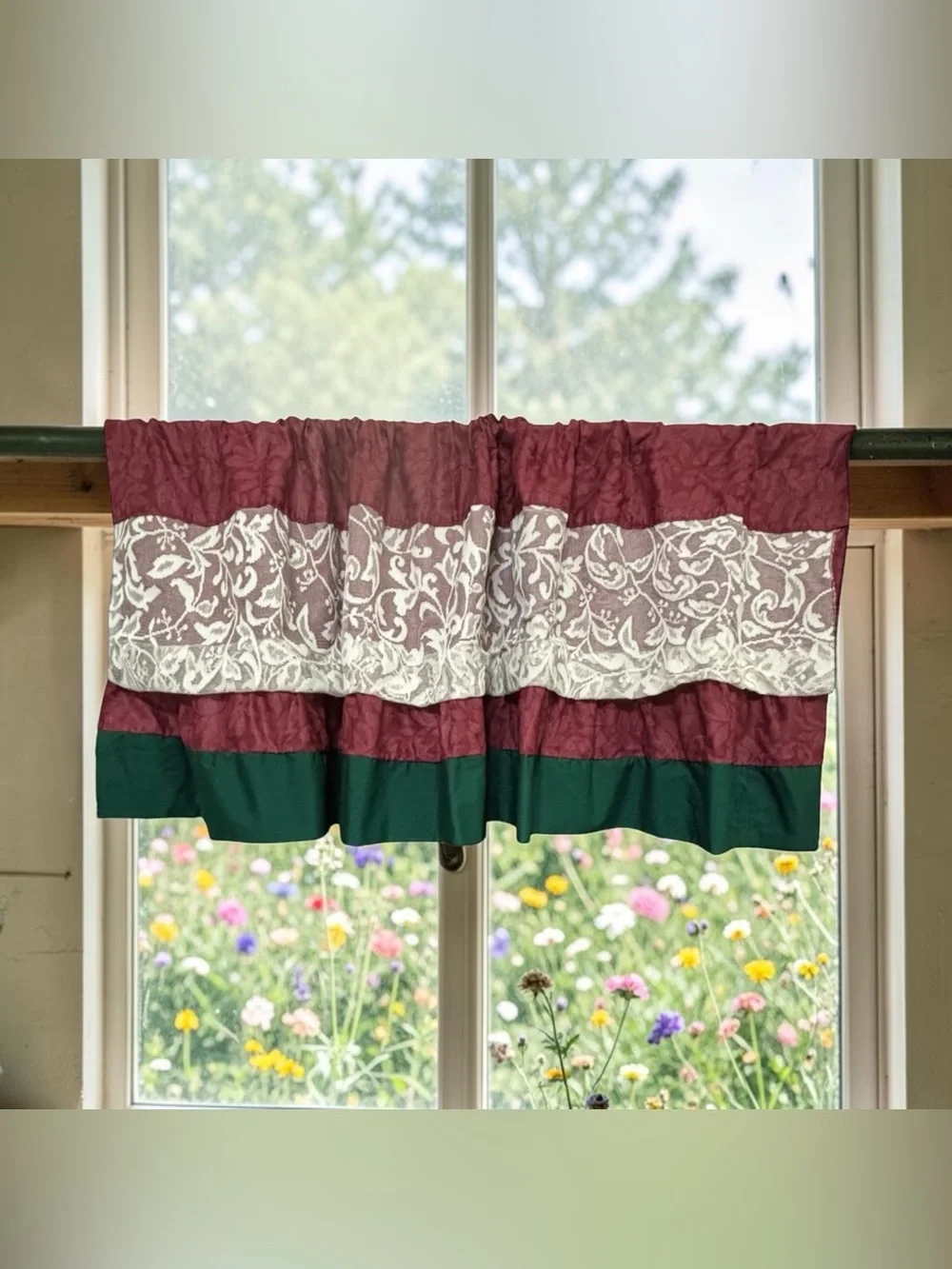Vint Country Home Valance Ruffle Curtain Multi Tier Burgundy Lace Hunter Green